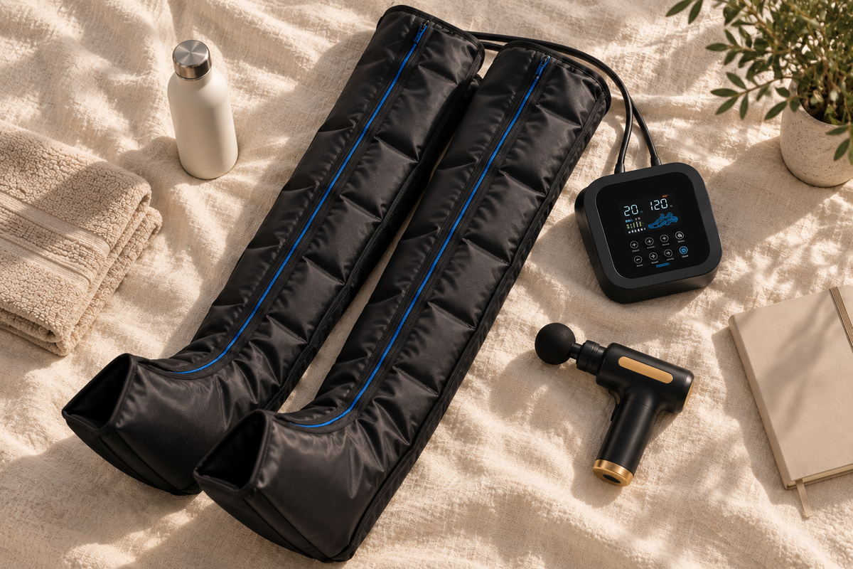 Bottes de compression et pistolet de massage posés sur un plaid en lin, avec une gourde et une serviette Image