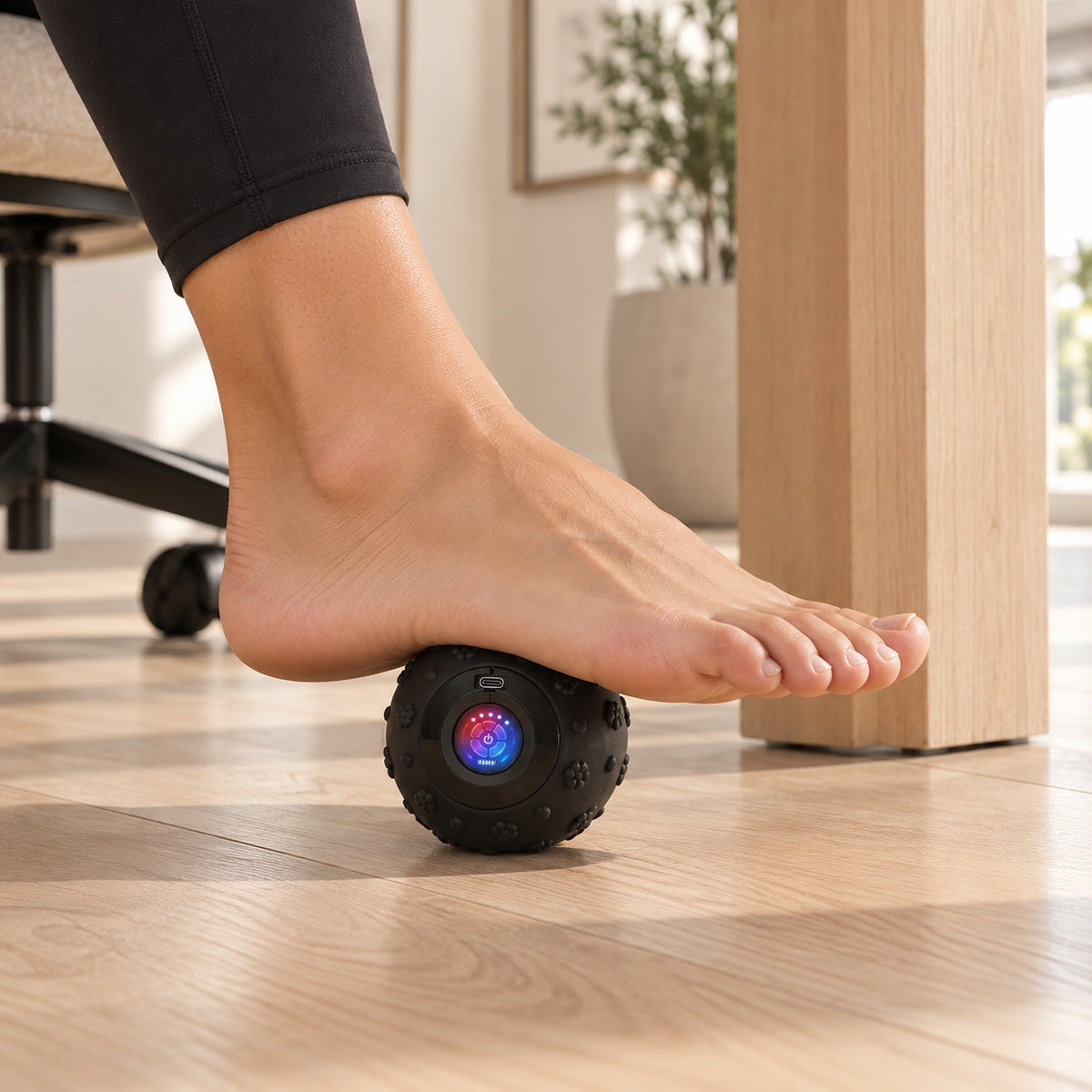 Pied posé sur la balle de massage vibrante
