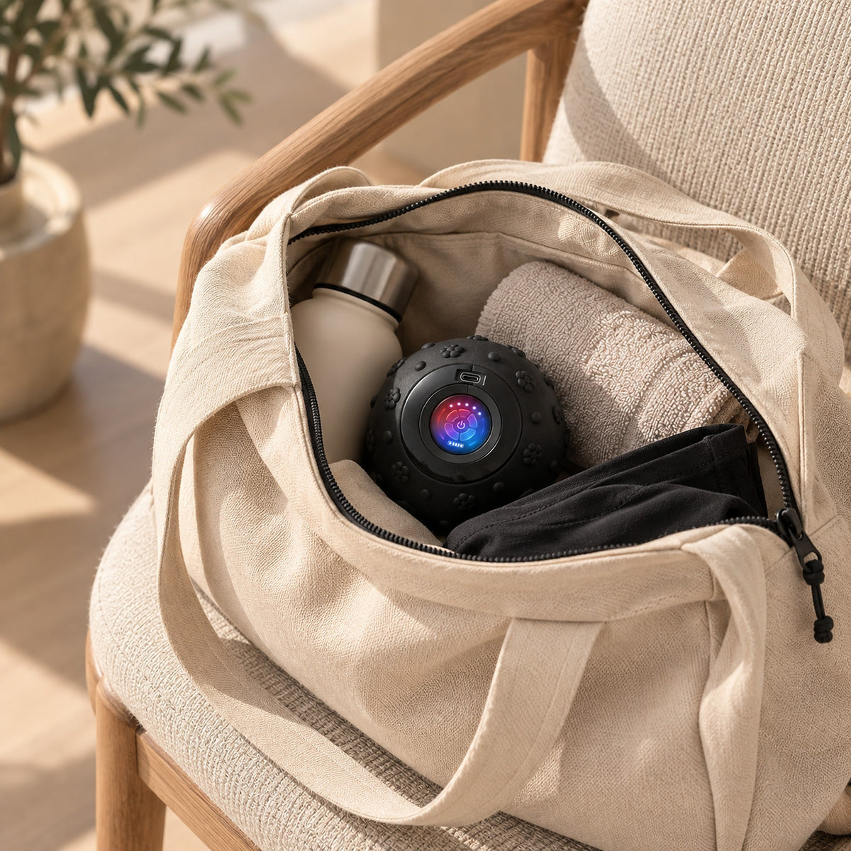 Balle de massage vibrante glissée dans un sac