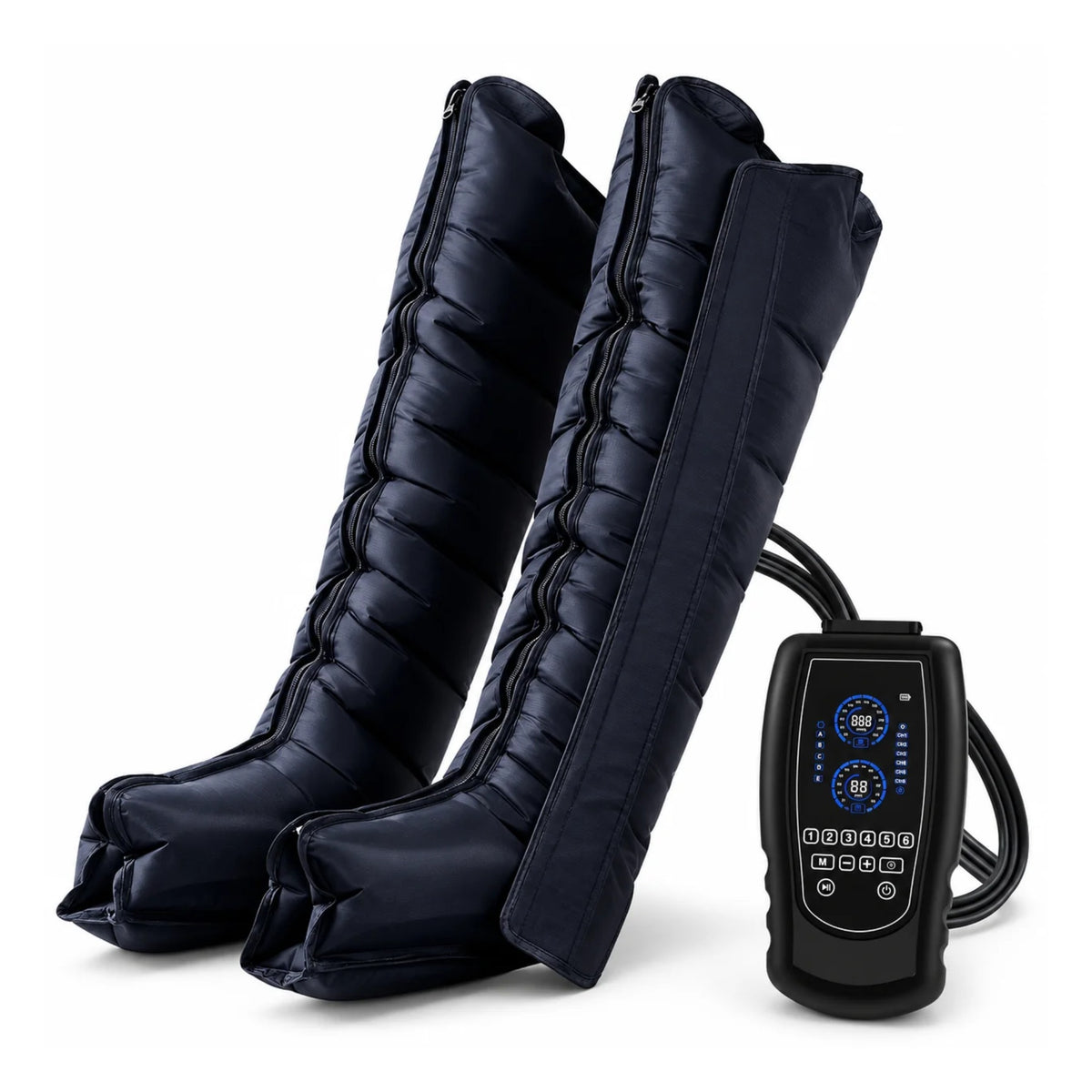 Bottes de compression Élite 6 chambres avec leur unité de commande, sur fond blanc