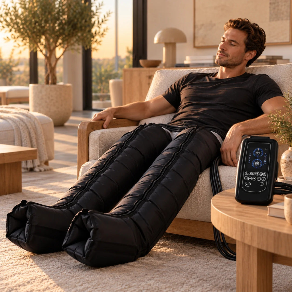 Homme installé dans un fauteuil avec les bottes de compression Élite