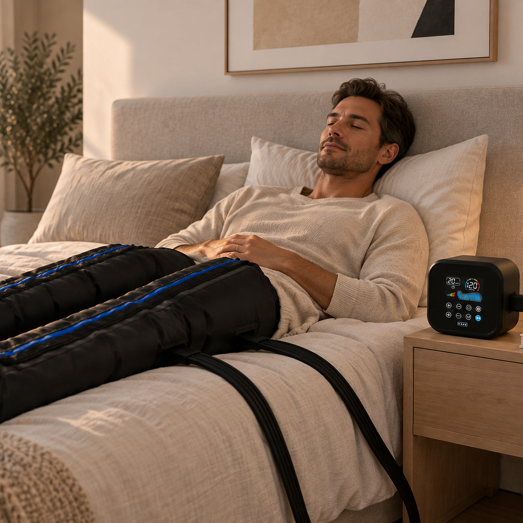 Homme détendu sur un lit avec les bottes de compression Studio