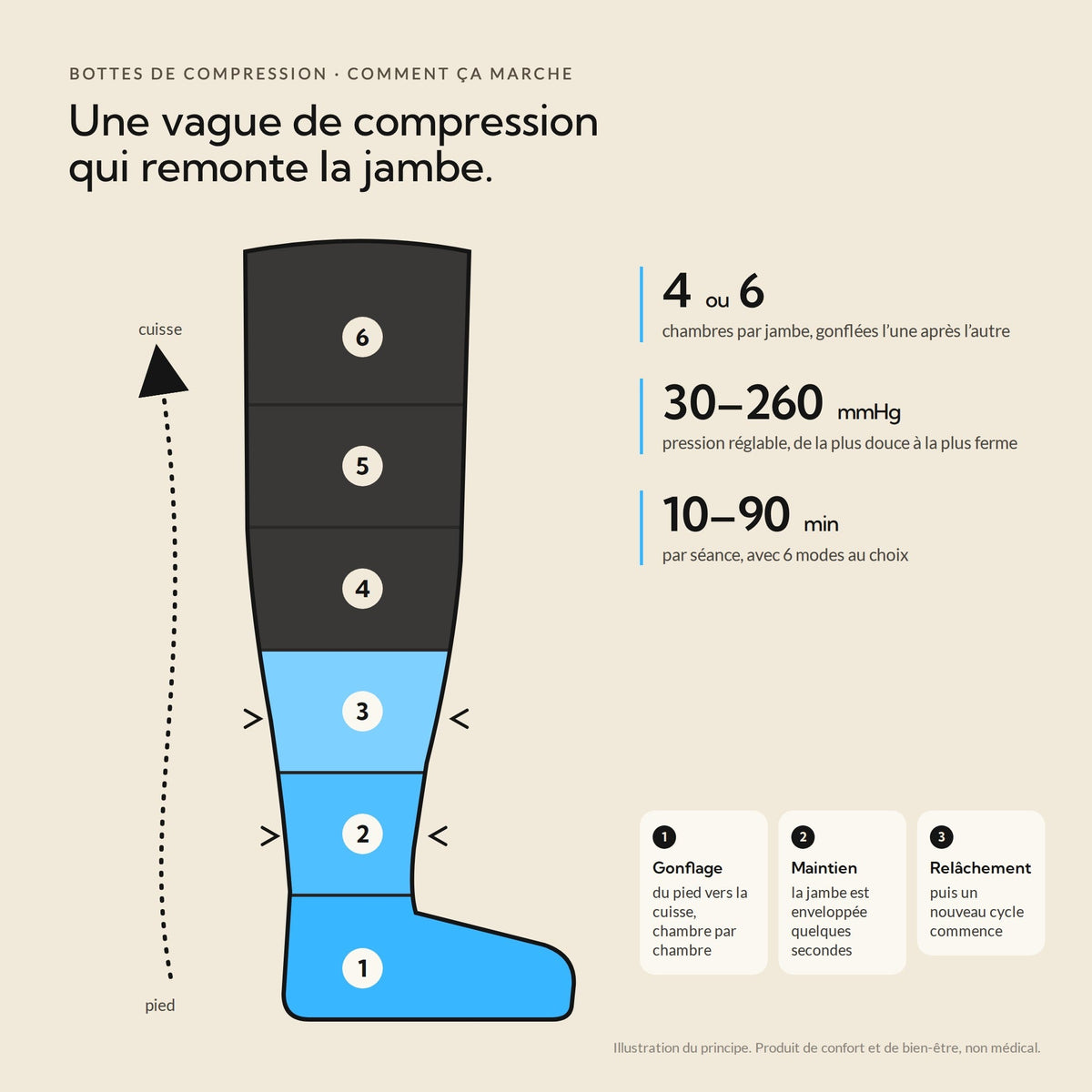 Schéma de la compression séquentielle : les chambres se gonflent de bas en haut