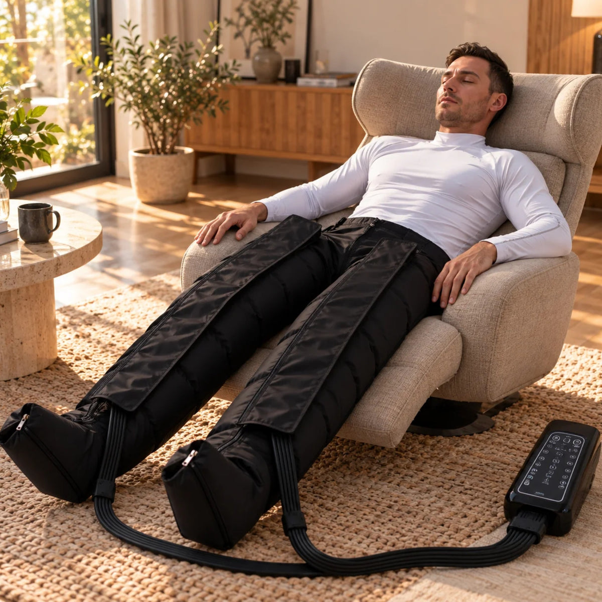Femme allongée sur un canapé avec la combinaison de compression jambes et hanches