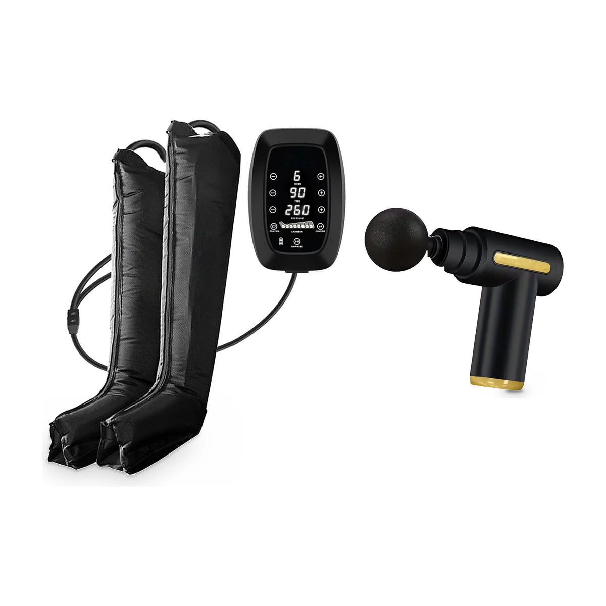 Pack Duo : bottes de compression Pro 6 chambres et pistolet de massage Mini, sur fond blanc