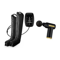 Pack Duo : bottes de compression Pro 6 chambres et pistolet de massage Mini, sur fond blanc