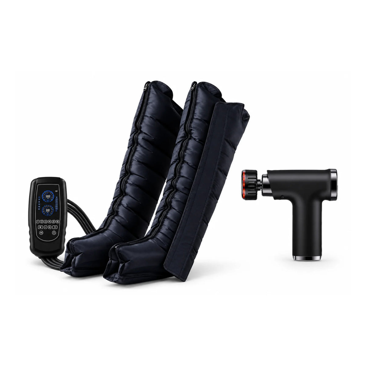 Pack Élite : bottes de compression Élite et pistolet de massage Pro, sur fond blanc