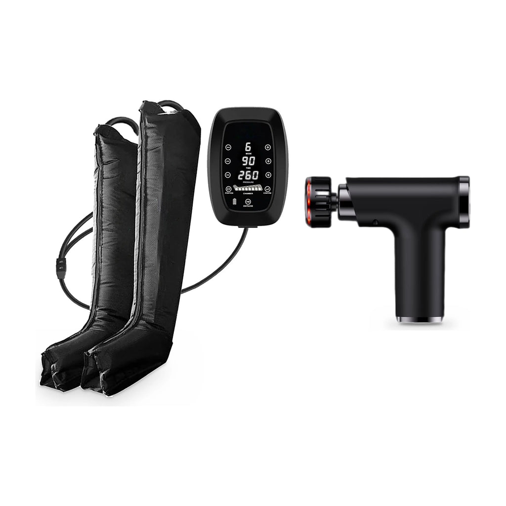 Pack Récupération : bottes de compression Pro 6 chambres et pistolet de massage Pro, sur fond blanc