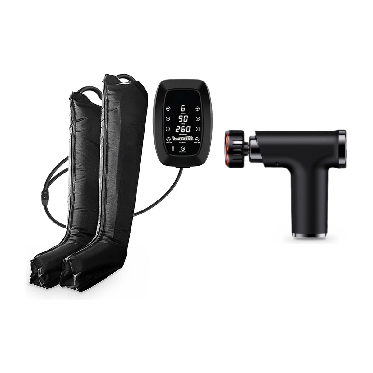 Pack Récupération : bottes de compression Pro 6 chambres et pistolet de massage Pro, sur fond blanc