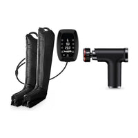 Pack Récupération : bottes de compression Pro 6 chambres et pistolet de massage Pro, sur fond blanc