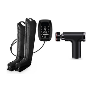 Pack Récupération : bottes de compression Pro 6 chambres et pistolet de massage Pro, sur fond blanc