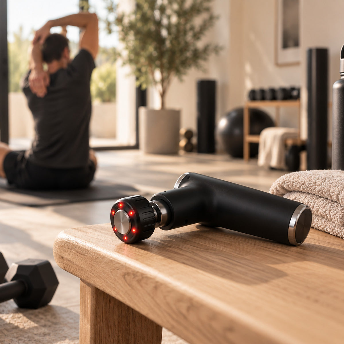 Pistolet de massage Pro posé dans un home gym