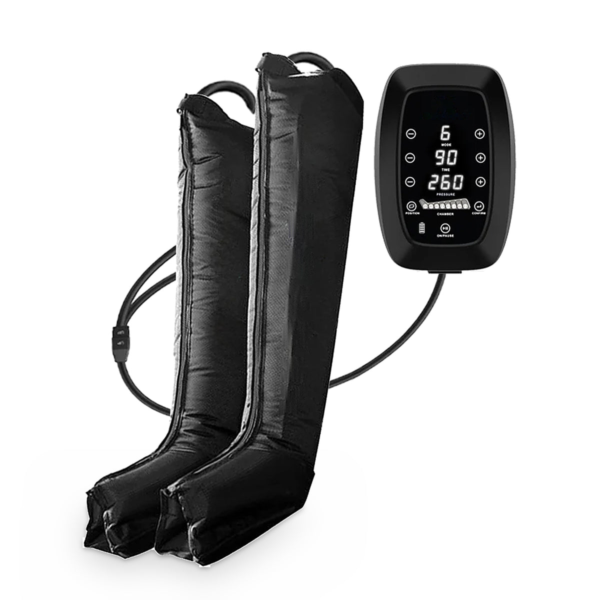 Bottes de compression Pro 6 chambres avec unité de contrôle, sur fond blanc