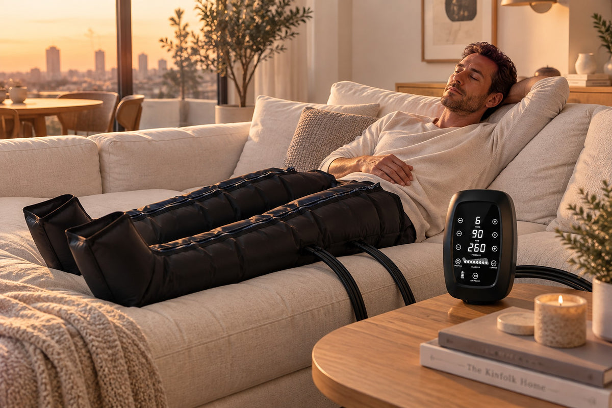 Homme détendu sur un canapé avec des bottes de compression Image